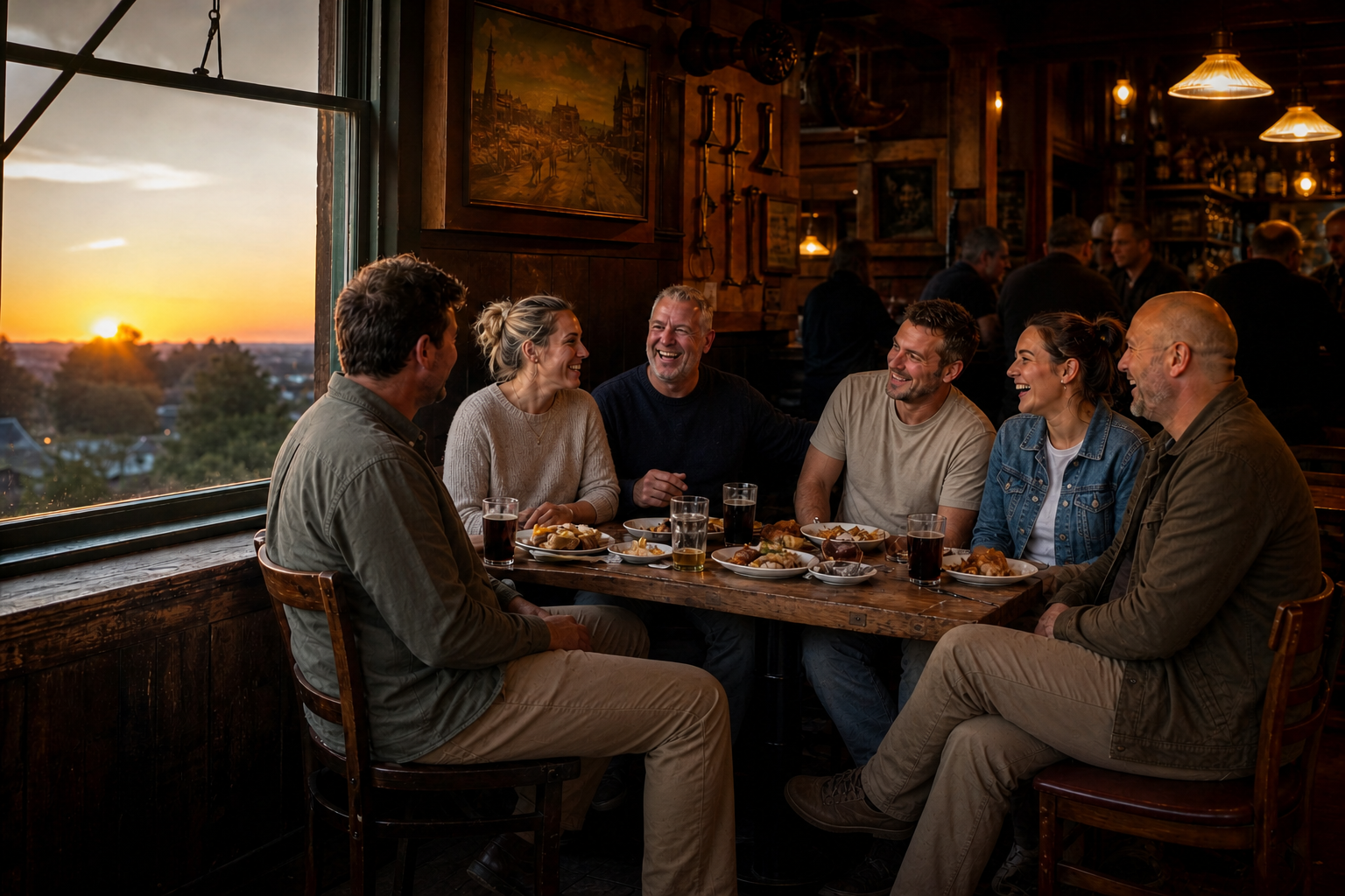 Painters In Casual Gear Having Dinner At Pub